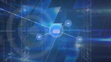Bağlantı ağının animasyonu ve ışık mavi dijital alan. Küresel ağ, bağlantılar ve dijital arayüz kavramı dijital olarak oluşturulmuş video.