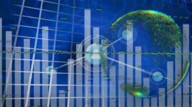 Mavi arka planda grafikler, dünya ve bağlantıların animasyonu. Küresel finans, ekonomi ve bağlantılar konsepti dijital olarak oluşturulmuş video.