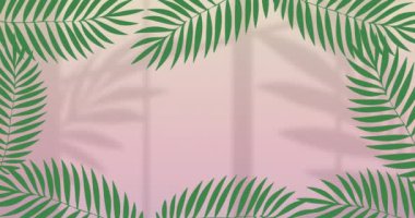 Animation of green leaves over moving shadows on pink background. Abstract concept digitally generated video.