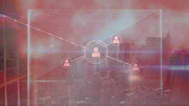 Kırmızı dijital ekran ve şehir manzarası üzerinden bağlantı ağının animasyonu. Küresel ağ, bağlantılar ve dijital arayüz kavramı dijital olarak oluşturulmuş video.