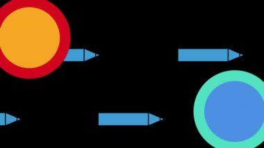 Animation of pencils and colorful circles moving on black background. Colour, shape and movement concept digitally generated video.