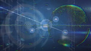 Veri işleme ağı ve kara arkaplan üzerindeki dünya bağlantılarının animasyonu. Küresel iş, bağlantılar ve dijital arayüz kavramı dijital olarak oluşturulmuş video.