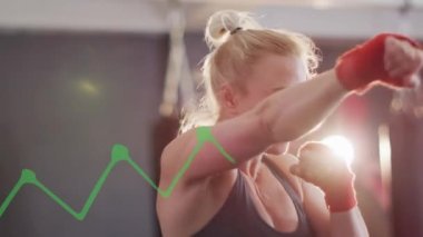 Beyaz kadın boksu yerine grafik animasyonu. Küresel spor, bilgisayar ve dijital arayüz kavramı dijital olarak oluşturulmuş video.