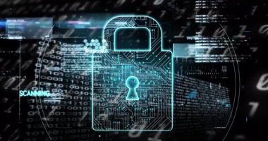 Siyah arkaplanda veri işleme üzerine asma kilit simgesinin canlandırılması. Küresel iş, bilgisayar ve dijital arayüz kavramı dijital olarak oluşturulmuş video.