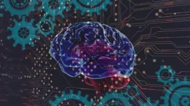 Dijital beyin animasyonu ve siyah arka plandaki bilgisayar devre kartının üzerindeki dişliler. Küresel iş, bilgisayar ve dijital arayüz kavramı dijital olarak oluşturulmuş video.