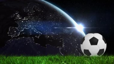 Stadyumun üzerinde dünya ve futbol animasyonu. Küresel spor, vatanseverlik ve dijital arayüz kavramı dijital olarak üretilen video.