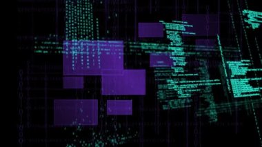 Siyah arkaplanda veri işleme ve şekillerin animasyonu. Küresel iş, bilgisayar ve dijital arayüz kavramı dijital olarak oluşturulmuş video.