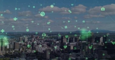 Şehir manzarası üzerindeki bağlantı ağının animasyonu. Küresel iş, finans, veri işleme ve dijital arayüz kavramı dijital olarak oluşturulmuş video.
