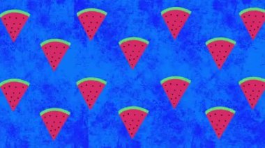 Mavi arka planda karpuz simgelerinin canlandırılması. Soyut arkaplan, renk ve şablon kavramı dijital olarak oluşturuldu.