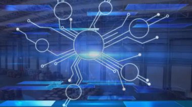 Mavi ışıklar ve depo üzerindeki bağlantıların animasyonu. Ağ, bağlantılar, veri işleme ve teknoloji konsepti dijital olarak oluşturulmuş video.