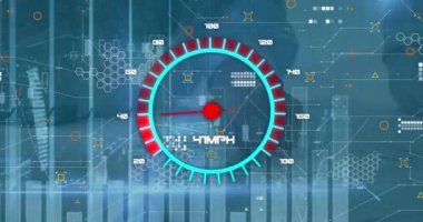 Veri işleme üzerinde hız göstergesi animasyonu. Küresel bilim, bağlantılar, veri işleme ve dijital arayüz kavramı dijital olarak oluşturulmuş video.