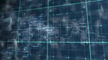 Donanma dijital uzayında meta-şehir animasyonu. Veri işleme, küresel ağ, dijital arayüz ve teknoloji konsepti dijital olarak oluşturulmuş video.