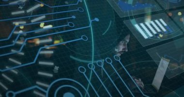 Animation of financial data processing and stock market over network of connections. Global business and digital interface concept digitally generated video.