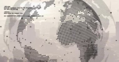 Şehir manzarası üzerindeki veri işleme ve küre animasyonu. Küresel iş, bilgisayar ve dijital arayüz kavramı dijital olarak oluşturulmuş video.