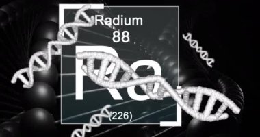 Animation of elements over dna and number on black background. Science, chemistry, biology and technology concept digitally generated video.