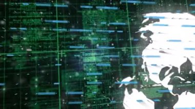 Siyah zemin üzerinde grafik, simge, küre ve veri işleme animasyonları. Ağ, finans, veri işleme ve teknoloji konsepti dijital olarak oluşturulmuş video.