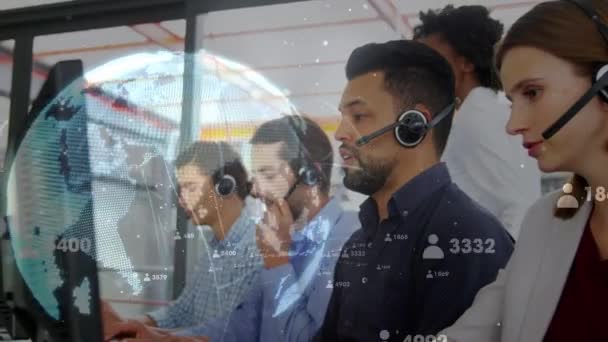 Animation Globe Data Processing Business People Wearing Phone Headsets Business — Vídeos de Stock