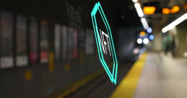 Animation Nft Logo Underground Train Arriving Metro Station Global Business — ストック動画