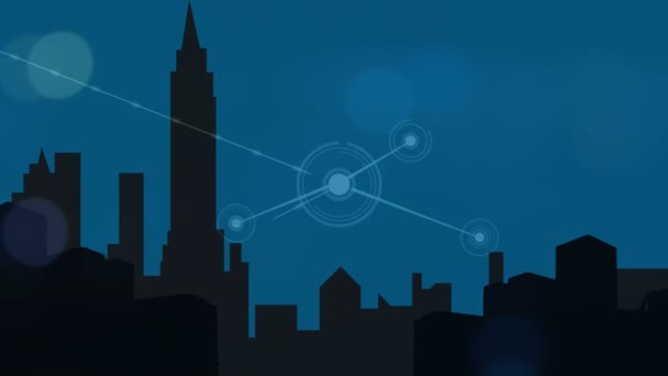 Digital Animation Network Connections Silhouette Cityscape Blue Background Global Networking — 图库视频影像