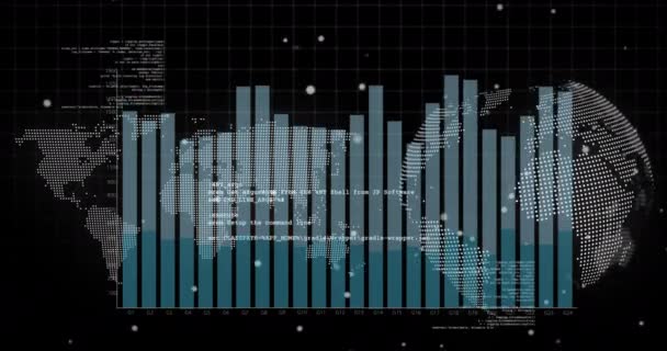 Animation Graph Data Processing World Map Black Background Global Communication — Stockvideo