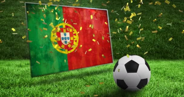 Анимация Падения Золотых Конфетти Футбольного Мяча Над Флагом Португалии World — стоковое видео
