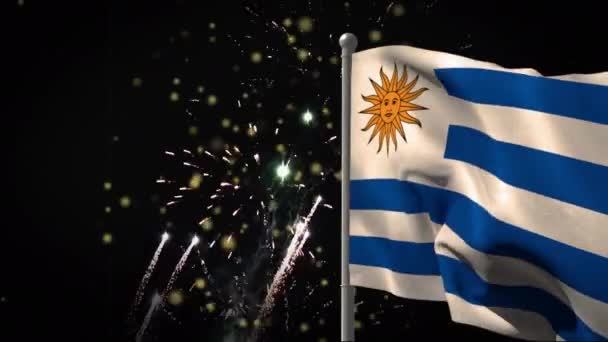 Animación Bandera Uruguay Sobre Fuegos Artificiales Deporte Global Patriotismo Interfaz — Vídeo de stock