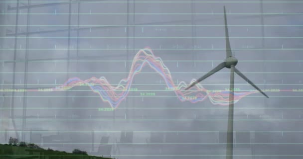 Animação Processamento Dados Financeiros Sobre Turbinas Eólicas Campo Ambiente Global — Vídeo de Stock