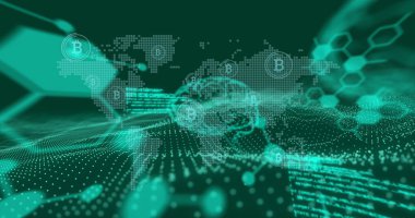 Koyu yeşil arka planda bilimsel veri, beyin ve dünya haritası. Bilim, veri işleme ve teknoloji konsepti dijital olarak oluşturuldu.