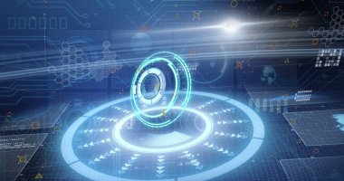 Donanma arkaplanındaki dijital ekranların çember işleme görüntüleri ve verileri. Küresel veri işleme, finans ve teknoloji konsepti dijital olarak oluşturuldu.