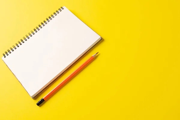 Composition Notebook Copy Space Pencil Yellow Surface School Equipment Tools — Fotografia de Stock