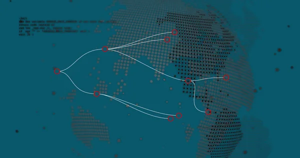 Image of connections over globe and data on green background. Global network, communication, data processing and technology concept digitally generated image.