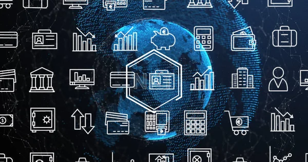 Image of globe, connections and financial icons on navy background. Global network, connections, finance and technology concept digitally generated image.