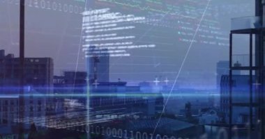 Animation of financial graph and data processing over cityscape. Global business, finances, data processing and digital interface concept digitally generated video.