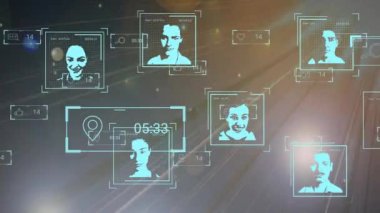 Veri işleme animasyonunun farklı insanlarla siyah arkaplandaki ışık yollarının üzerinde gerçekleşmesi. Küresel sosyal medya ve dijital arayüz kavramı dijital olarak oluşturulmuş video.