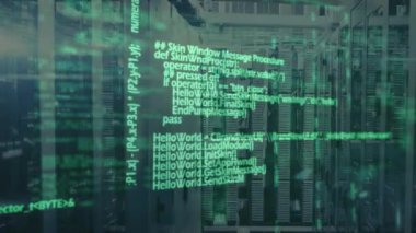 Sunucuların üzerindeki veri işleme ve ışıkların animasyonu. Ağ, bilgisayarlar, veri işleme ve teknoloji konsepti dijital olarak oluşturulmuş video.