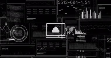 Siyah arkaplanda veri işleme animasyonu. Küresel iş, bilgisayar ve dijital arayüz kavramı dijital olarak oluşturulmuş video.