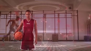 Animation of dna strand and data processing over biracial female basketball player. Science, research and sports concept digitally generated video.
