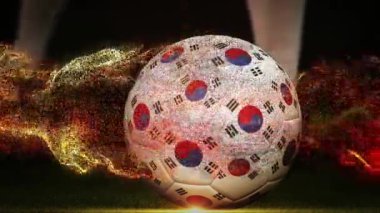 Kore bayrağı ve futbolcunun futbol topunu tekmeleyişinin animasyonu. Küresel spor, vatanseverlik ve dijital arayüz kavramı dijital olarak üretilen video.