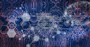 Siyah arkaplan üzerinden veri işleme ve bağlantı ağının animasyonu. Dijital olarak oluşturulmuş küresel bağlantılar, teknoloji ve dijital arayüz kavramı.