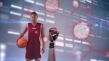 Animation of dna strand and robot's hand over biracial female basketball player. Science, research and sports concept digitally generated video.