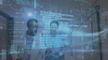 Çeşitli kadın ve erkek doktorlar üzerinde dijital ekrandaki veri ve grafiklerin animasyonu. Sağlık, tıp ve teknoloji konsepti dijital olarak üretilen video.