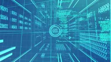 Mavi arkaplanda veri işleme animasyonu. Küresel iş, bilgisayar ve dijital arayüz kavramı dijital olarak oluşturulmuş video.