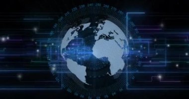 Veri işleme ve kara arkaplan üzerinde bağlantı ağı olan dünyanın animasyonu. Küresel iş, bilgisayar ve dijital arayüz kavramı dijital olarak oluşturulmuş video.