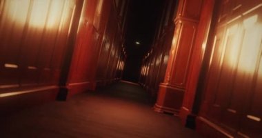 Karanlık iç kısımda eski tahta panelli koridorun animasyonu. Korku, korku ve gerilim konsepti dijital olarak oluşturulmuş video.