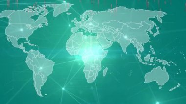 Animation of world map, connections and lights on green background. Global network, connections, data processing and technology concept digitally generated video.