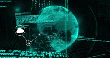 Animation of network of digital icons and connections with data processing over spinning globe. Global connections, digital world and digital interface concept digitally generated video.