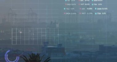 Şehir manzarası üzerinde finansal veri işleme animasyonu. Küresel iş, finans, veri işleme ve dijital arayüz kavramı dijital olarak oluşturulmuş video.