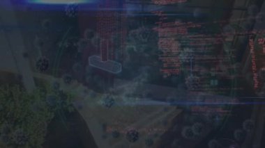 Bağlantılar, veriler, DNA, karanlık arka planda virüs animasyonu. Küresel ağ, bağlantılar, iletişim, veri işleme ve teknoloji kavramı dijital olarak oluşturulmuş video.