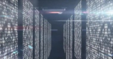 Animation of data processing and clouds on black background. Global business, computing and digital interface concept digitally generated video.