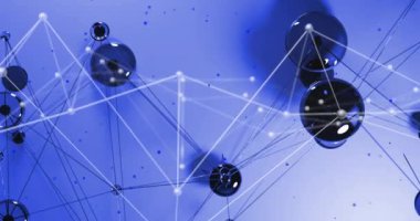 Mavi arkaplan üzerindeki bağlantı ağının animasyonu. Dijital olarak oluşturulmuş küresel bağlantılar, veri işleme ve dijital arayüz kavramı.